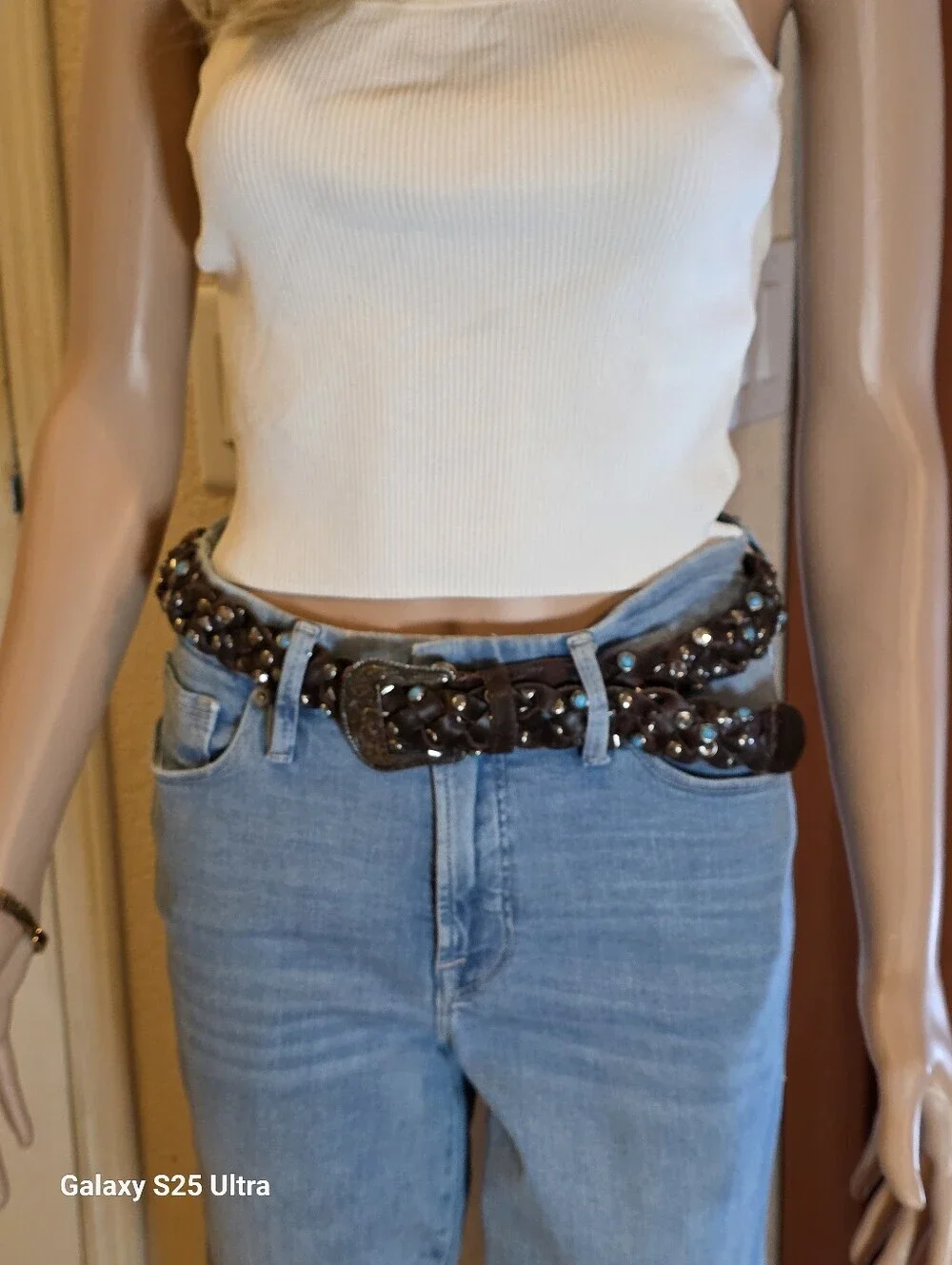 Western Festival Braided Brown Leather Belt  Studded Faux Turquoise Crystal LG
